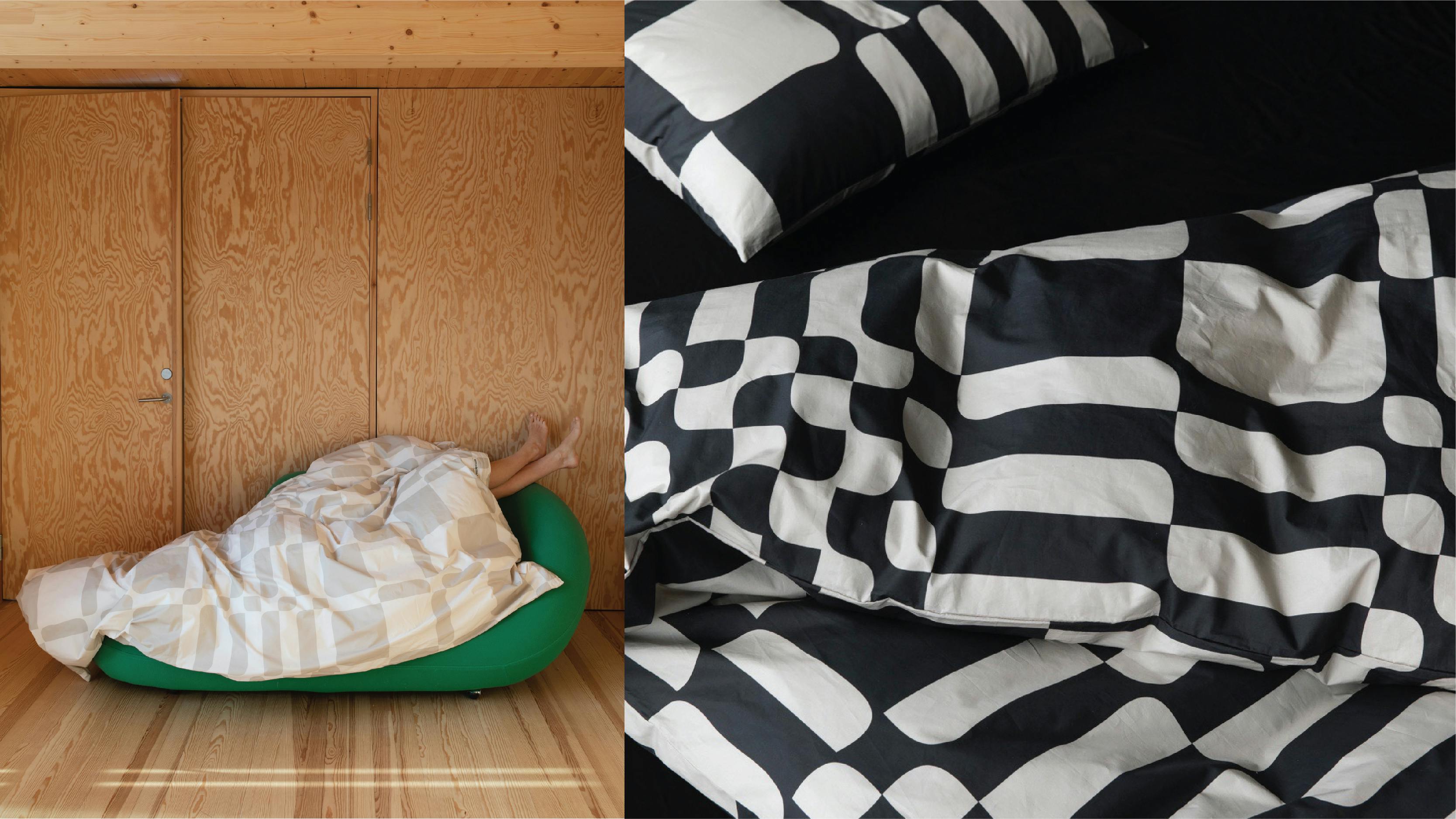 Sengetøy fra Amokamok i fargen Åkle Naive White og Åkle Normal Black