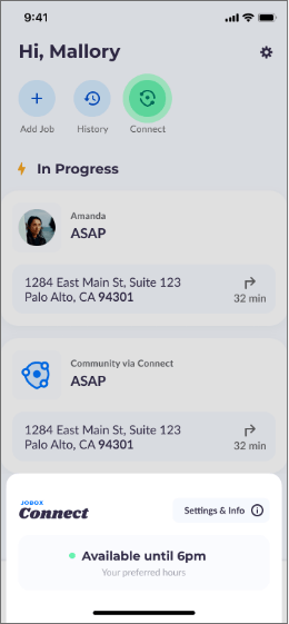 Jobox app screen showing locksmiths preferred hours