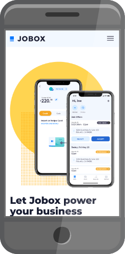 Jobox app screens on a mobile phone illustration