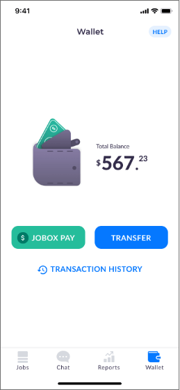 Jobox app screen showing money received in digital wallet