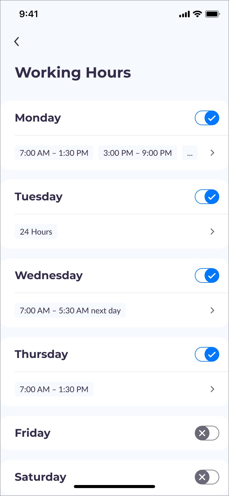 Jobox app screen showing working hours