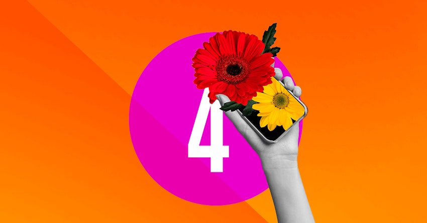 Hand holds smartphone and flowers above a number four