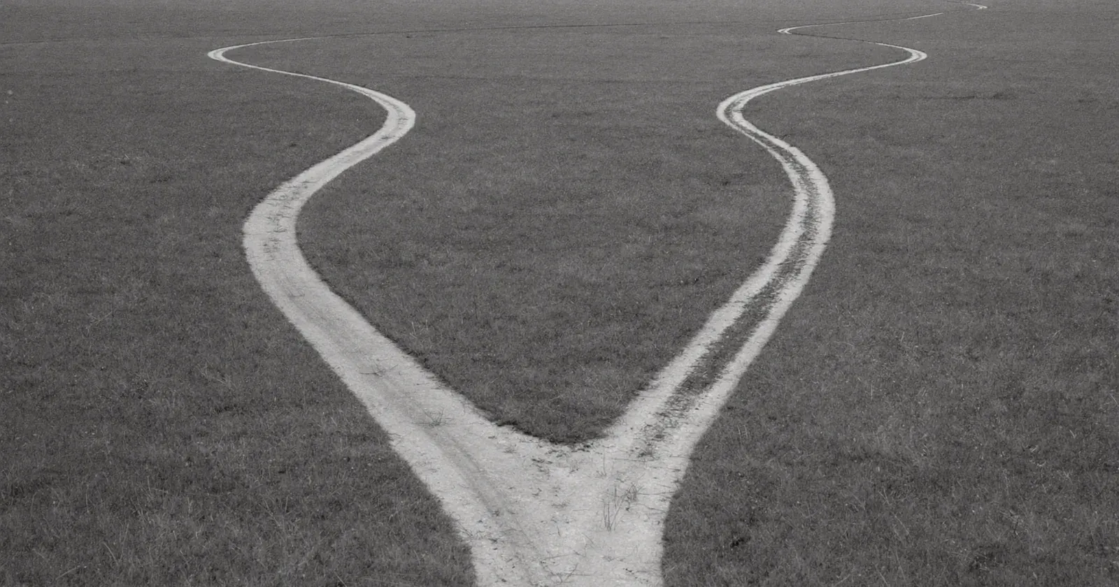 Two diverging paths at a fork in an open field, efficiency or effectiveness, the strategic choice, contemplative black and white