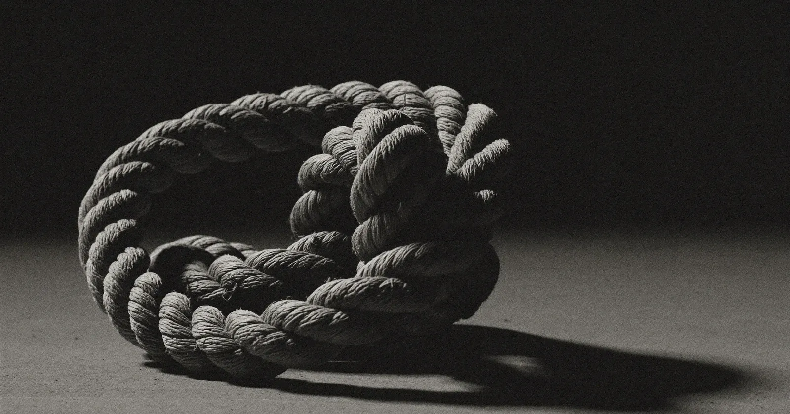 A single tangled knot of thick rope, an overwhelmed SME owner facing tangled priorities, contemplative black and white