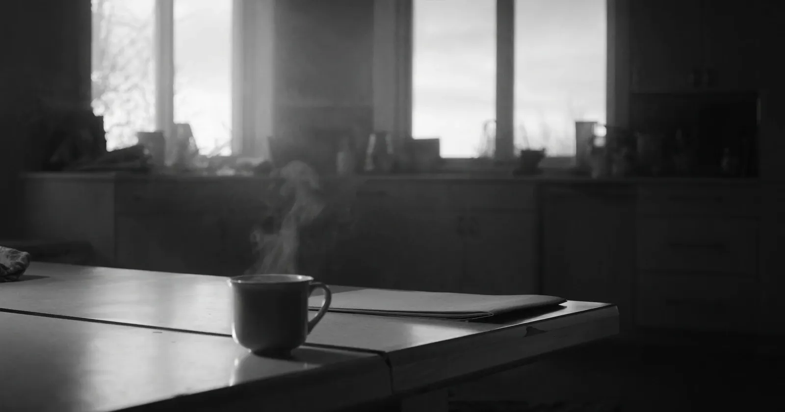 Dirigeant de PME, café du matin, dossier fermé, scène contemplative en noir et blanc