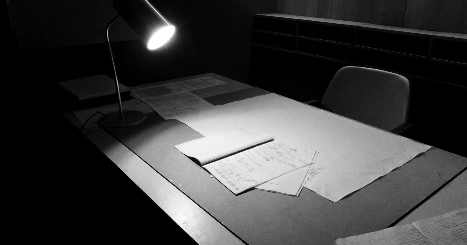 Empty executive desk, family business power transition, contemplative black and white scene