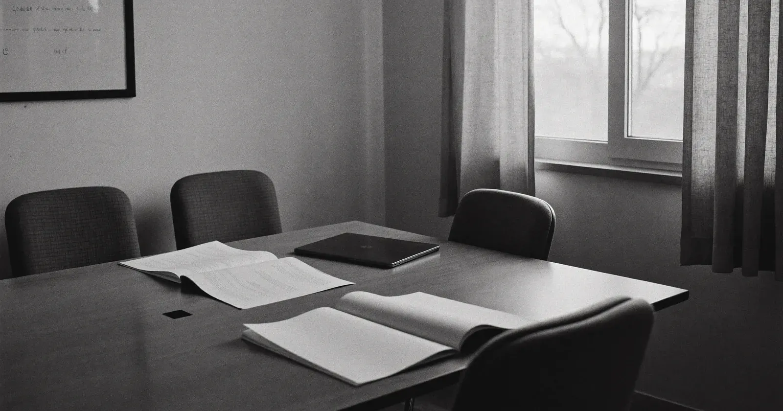 Empty meeting room at early morning, a closed laptop and printed execution plan on the table, SME digital transformation, contemplative black and white
