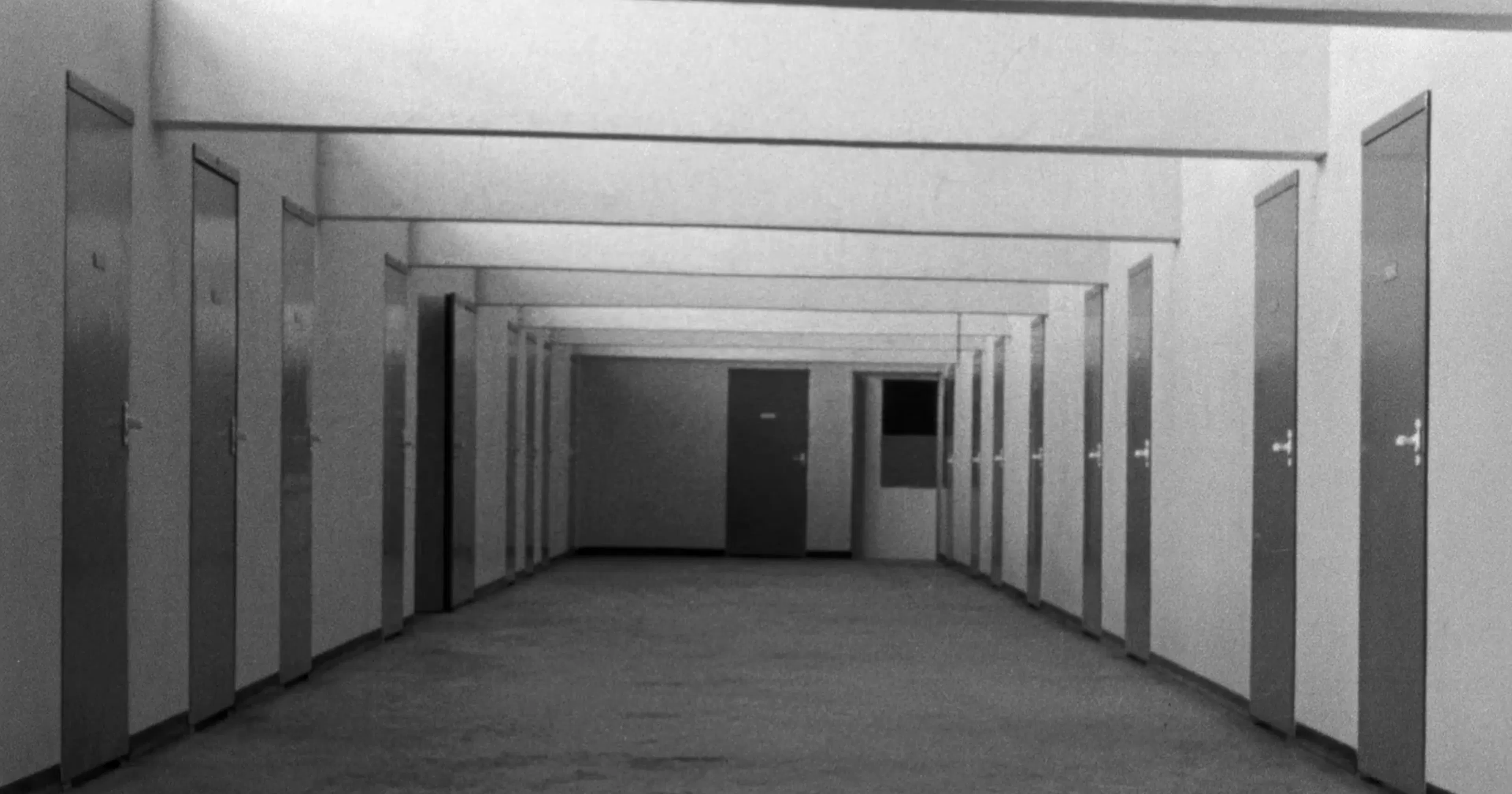 A row of numbered doors of increasing size, the ladder of outside help, contemplative black and white