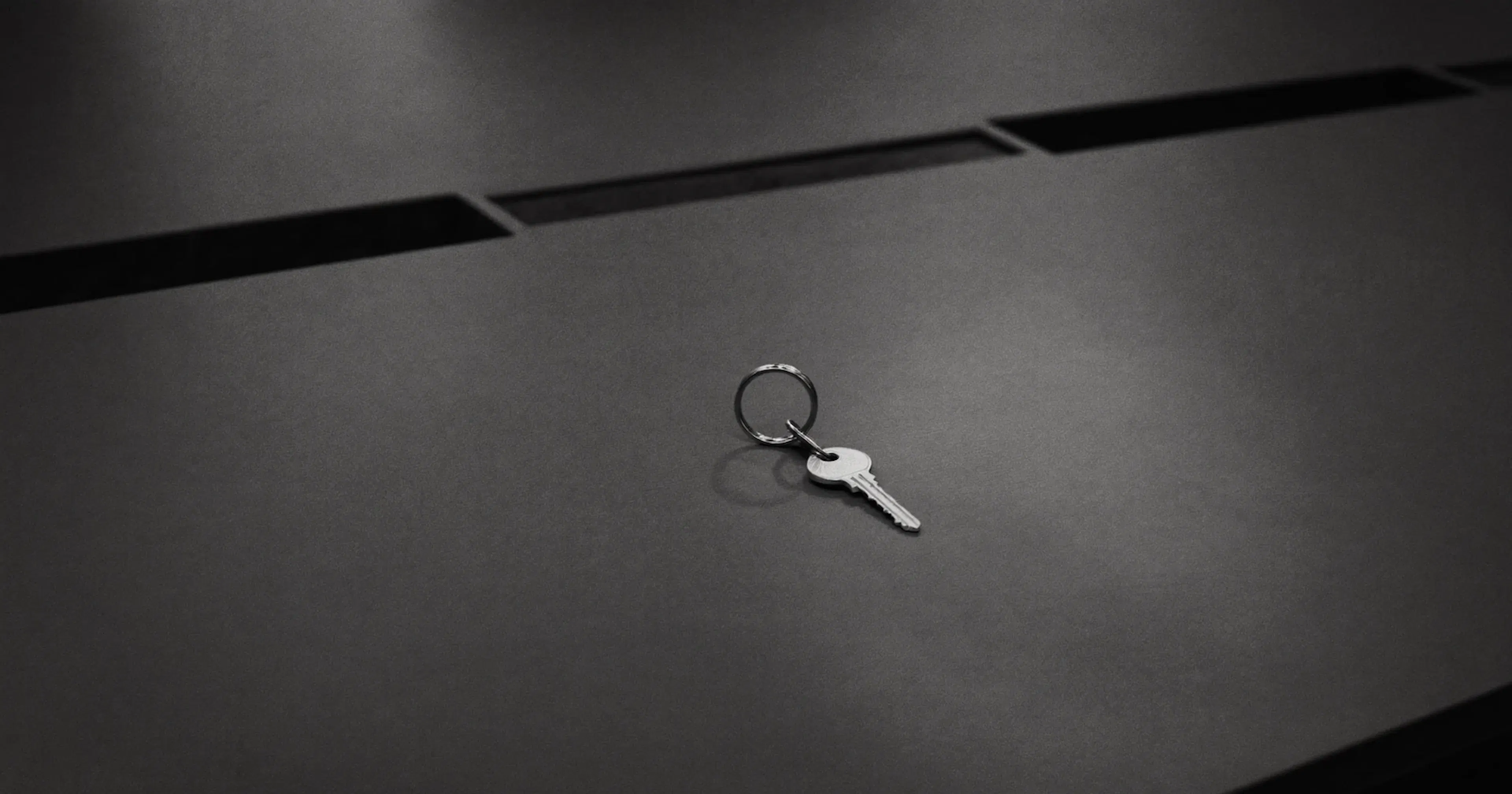A single set of keys on a keyring on an empty desk, owner dependency, black and white