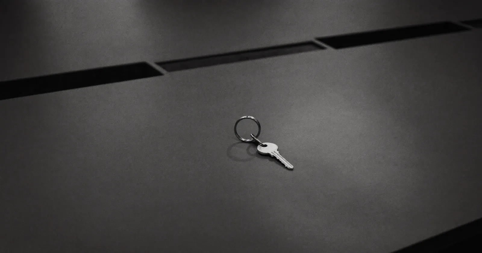 A single set of keys on a keyring on an empty desk, owner dependency, black and white
