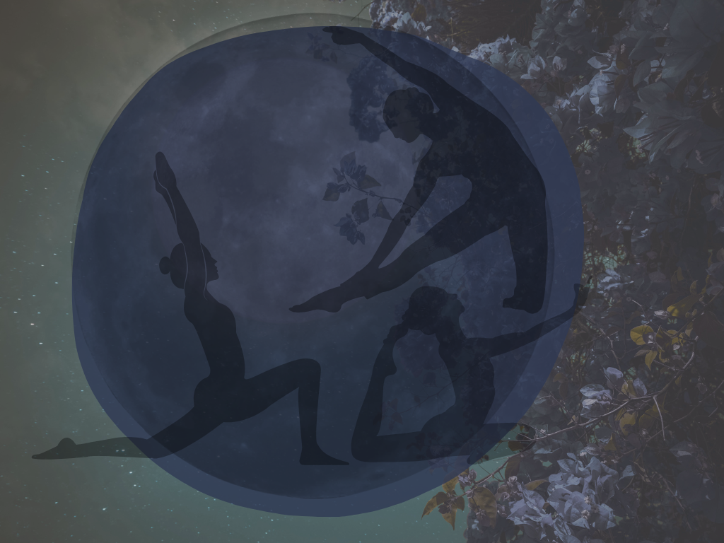 Dunkelblauer runder Mond und darin in schwarz Frauen in Asana
