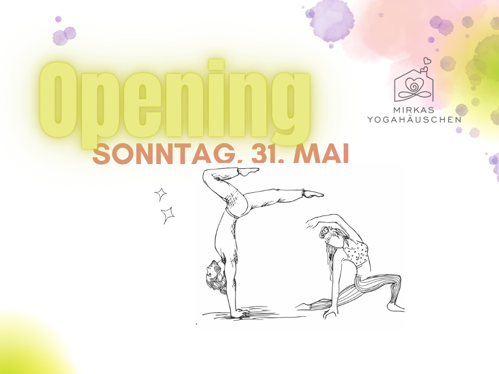 Neon Aufschrift OPENING und zwei Yogi(ni)s in Yoga Asana