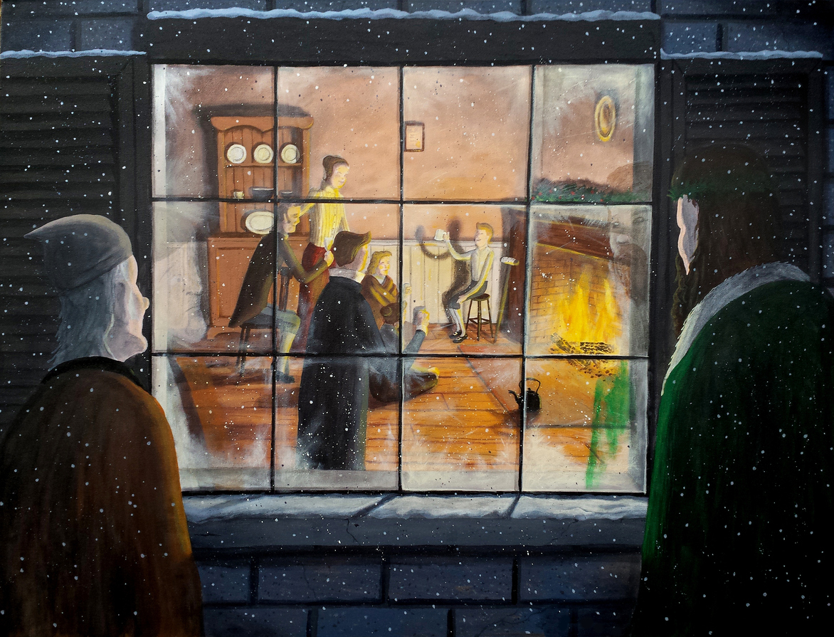 Ebenezer Scrooge schaut durch ein Fenster in ein helles Wohnzimmer voller Liebe und Zusammensein.