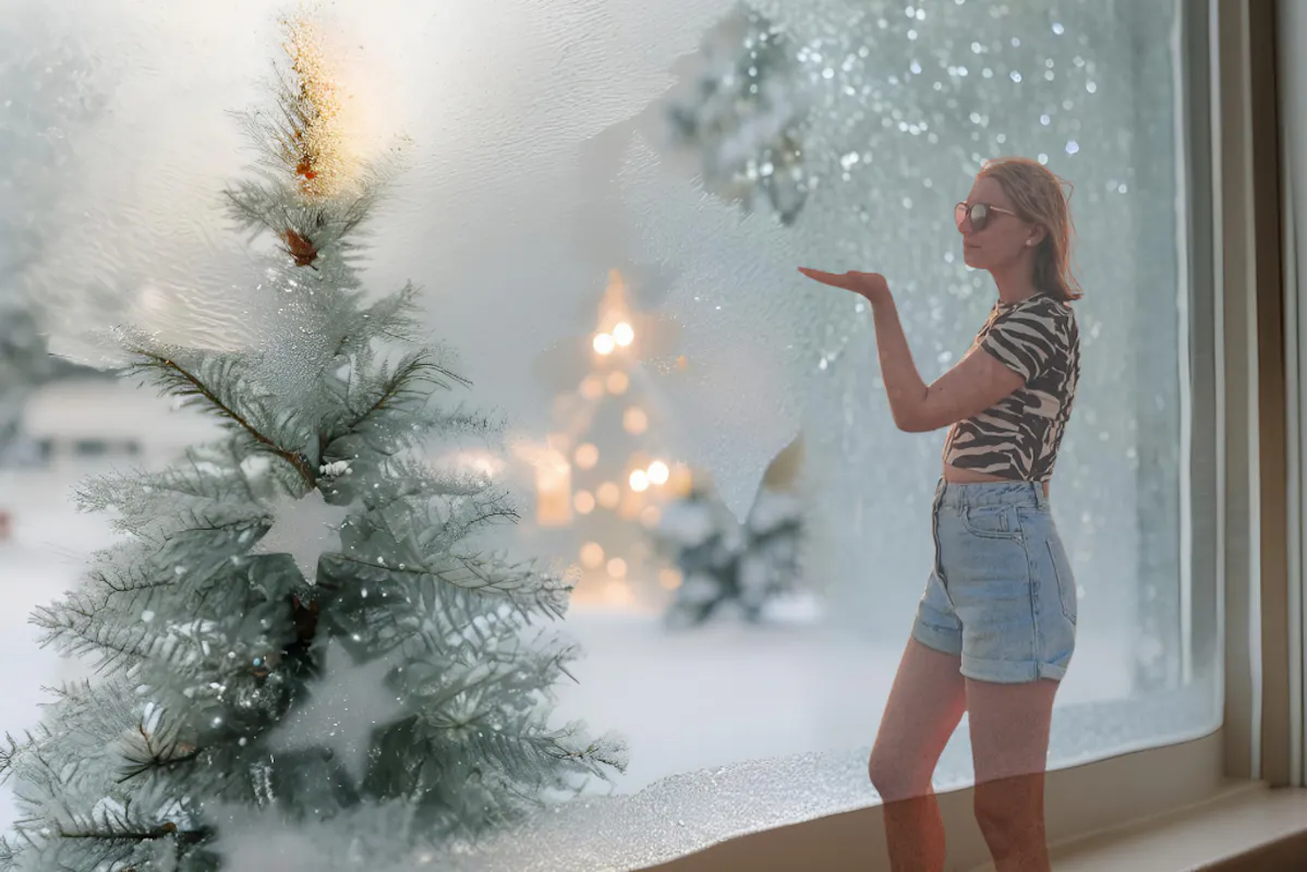 Lehrerin an beschlagener Fensterscheibe mit Sicht auf Schnee, beleuchteter Tannenbaum draußen.