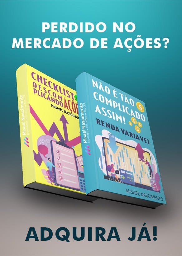 Dois livros coloridos nas cores azul claro e amarelo que falam sobre como aprender o percado de ações e fundos imobiliários