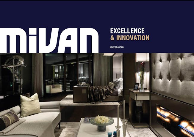Front cover of brochure showing a completed luxury bedroom. Mivan logo with the text Excellence and Innovation. 