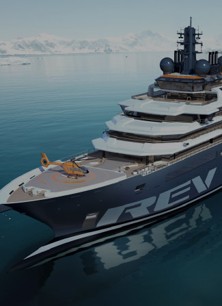 Close up of orange helicopter on an expedition vessel deck. 