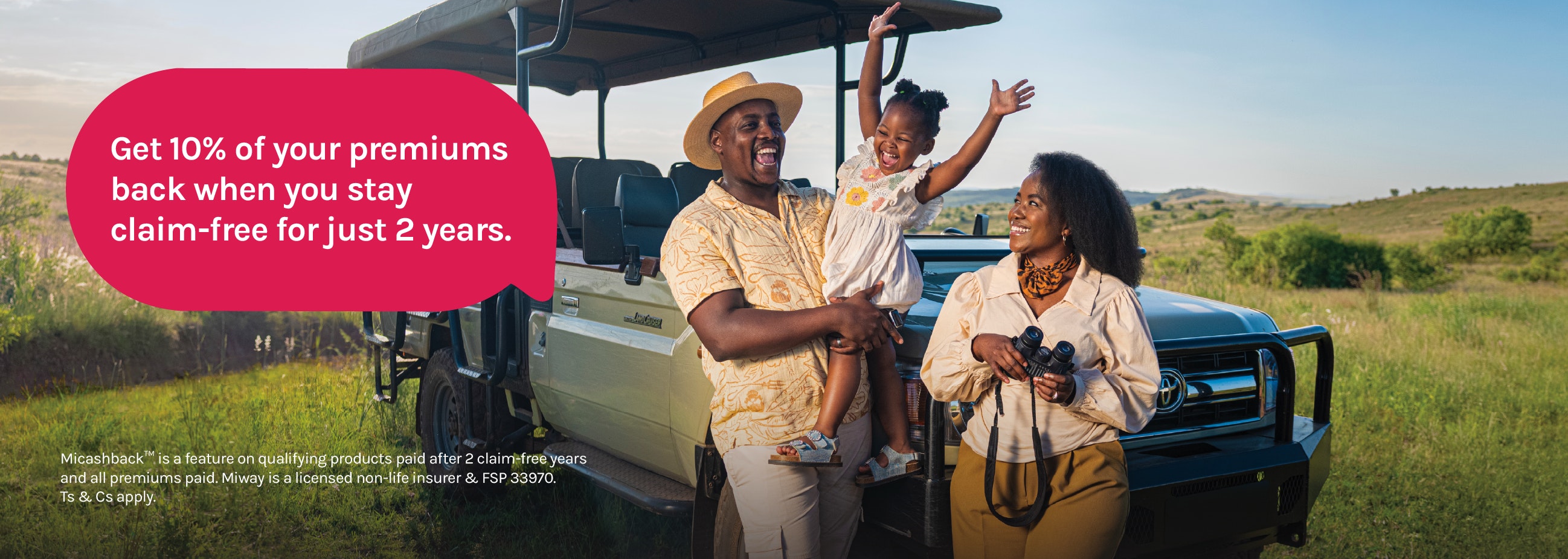 Couple with child on Safari enjoying their cash back from Miway