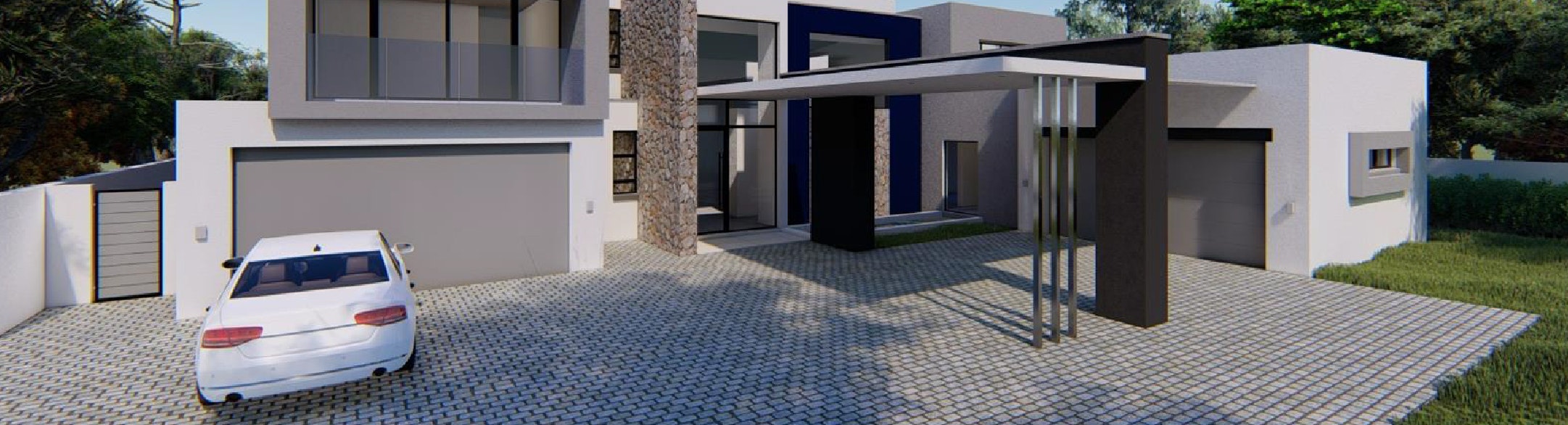 CAD drawing of car parked in front of modern looking home.