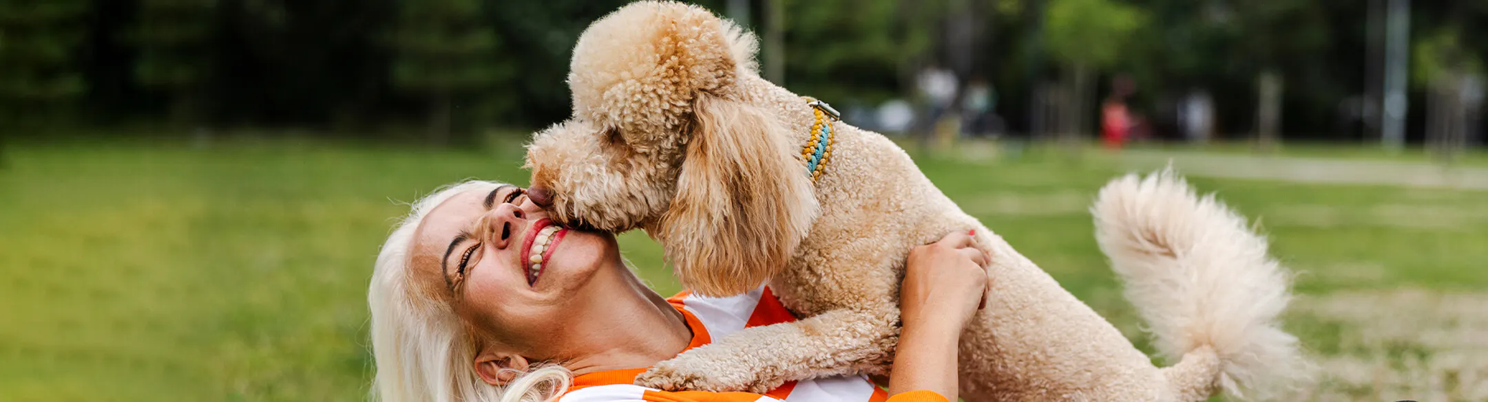 woman playing with poodle dog
