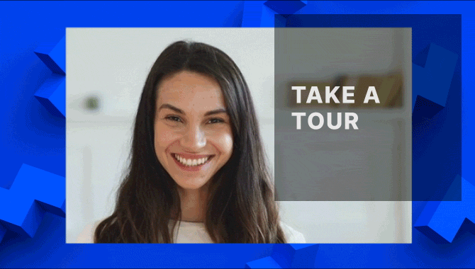 GIF showing woman next to slide that says "Take a tour," then a second woman, then a man.