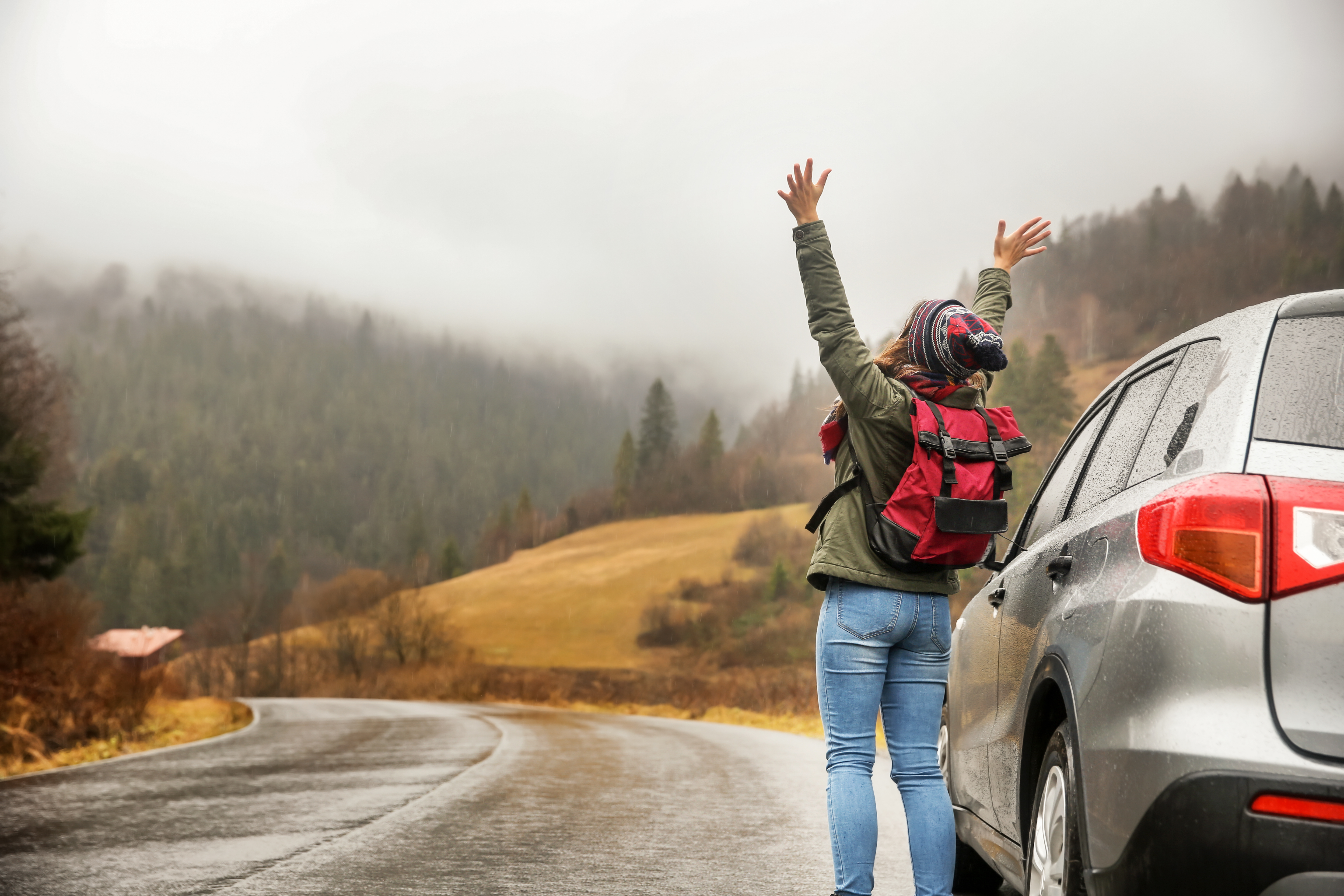 Woman outside car looking onto sights