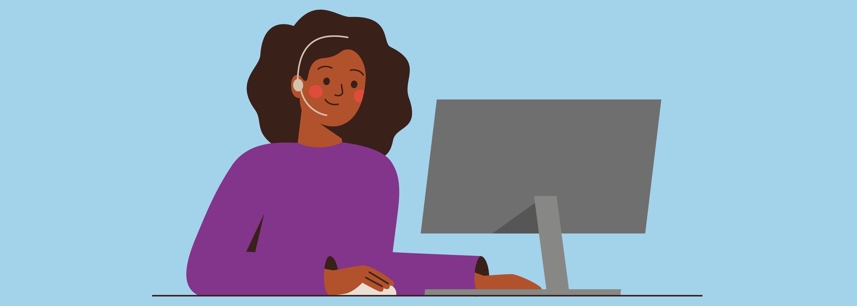 Illustration d'une femme avec un casque devant son ordinateur