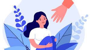 Main tendue vers une jeune femme repliée sur elle-même