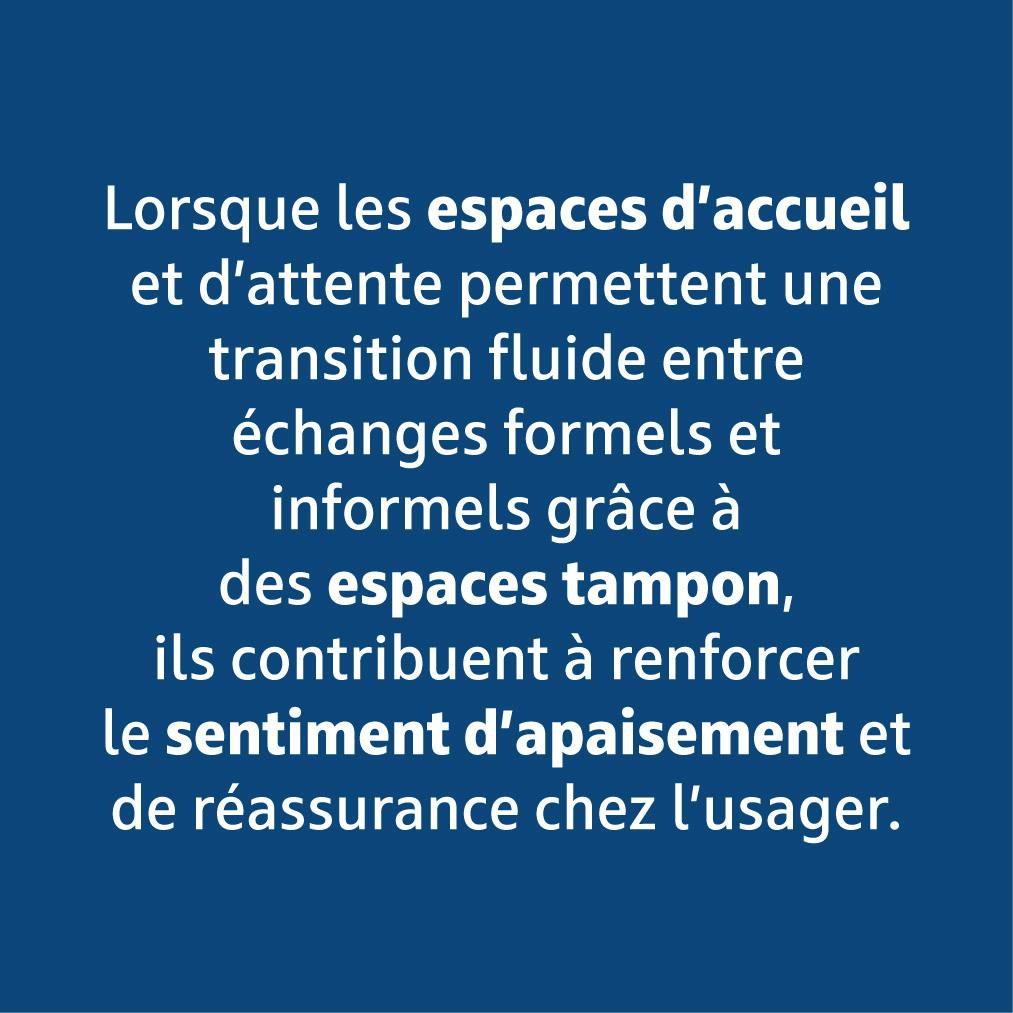 Lorsque les espaces d'accueil et d'attente permettent une transition fluide entre échanges formels et informels grâce à des espaces tampon, ils contribuent à renforcer le sentiment d'apaisement et de réassurance chez l'usager.