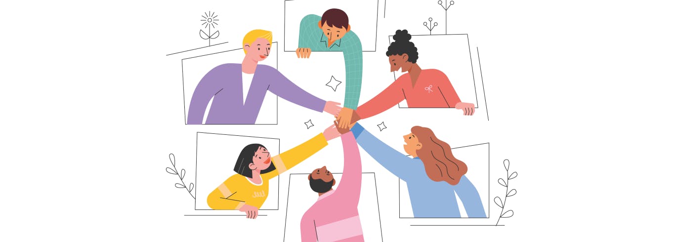 Illustrations de six personnes qui se tiennent les mains.