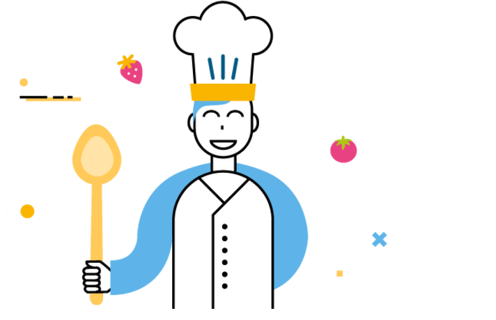 Un personnage MNT & VOUS en tenue de cuisiner