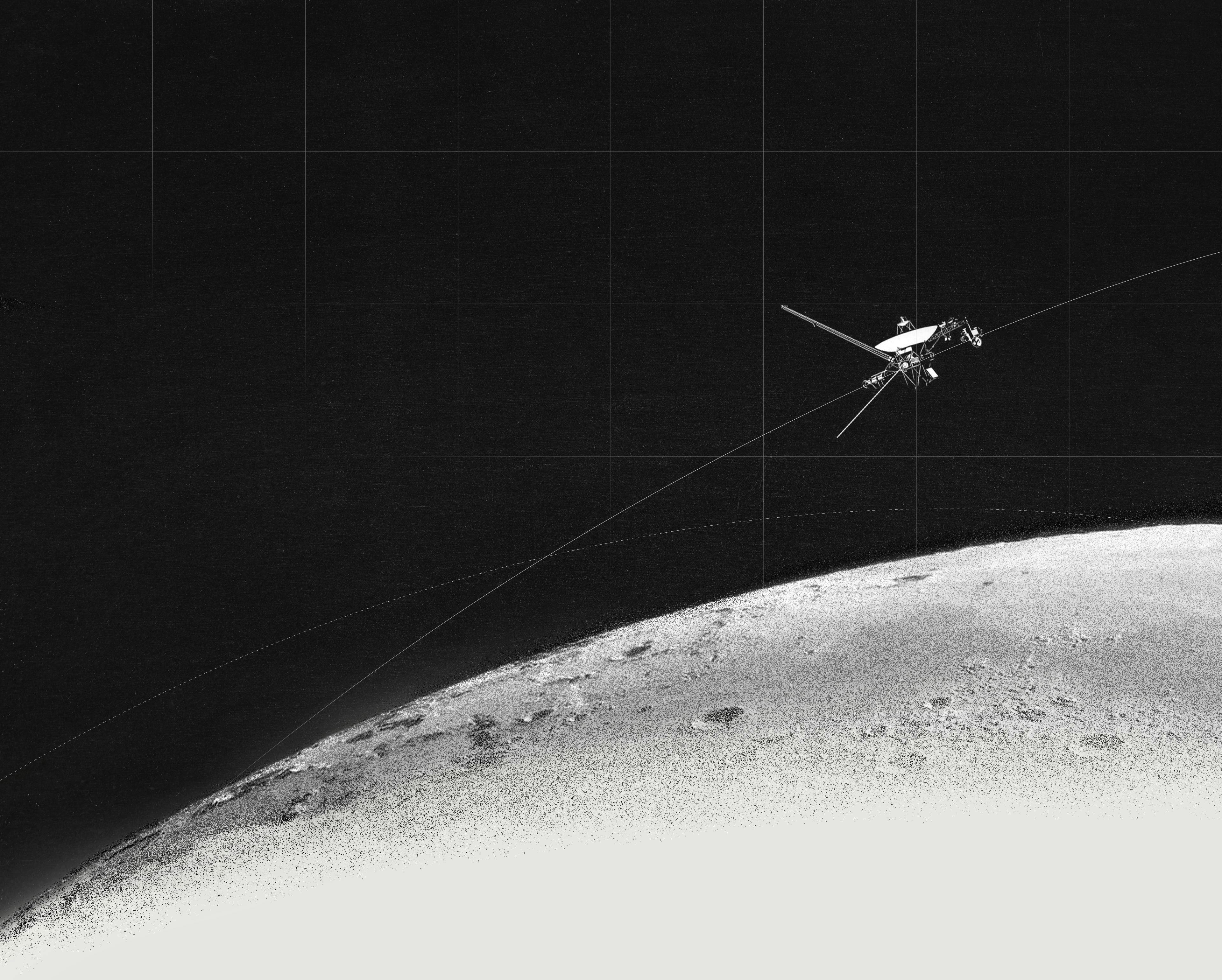 Dark image of a satellite orbiting a large planet