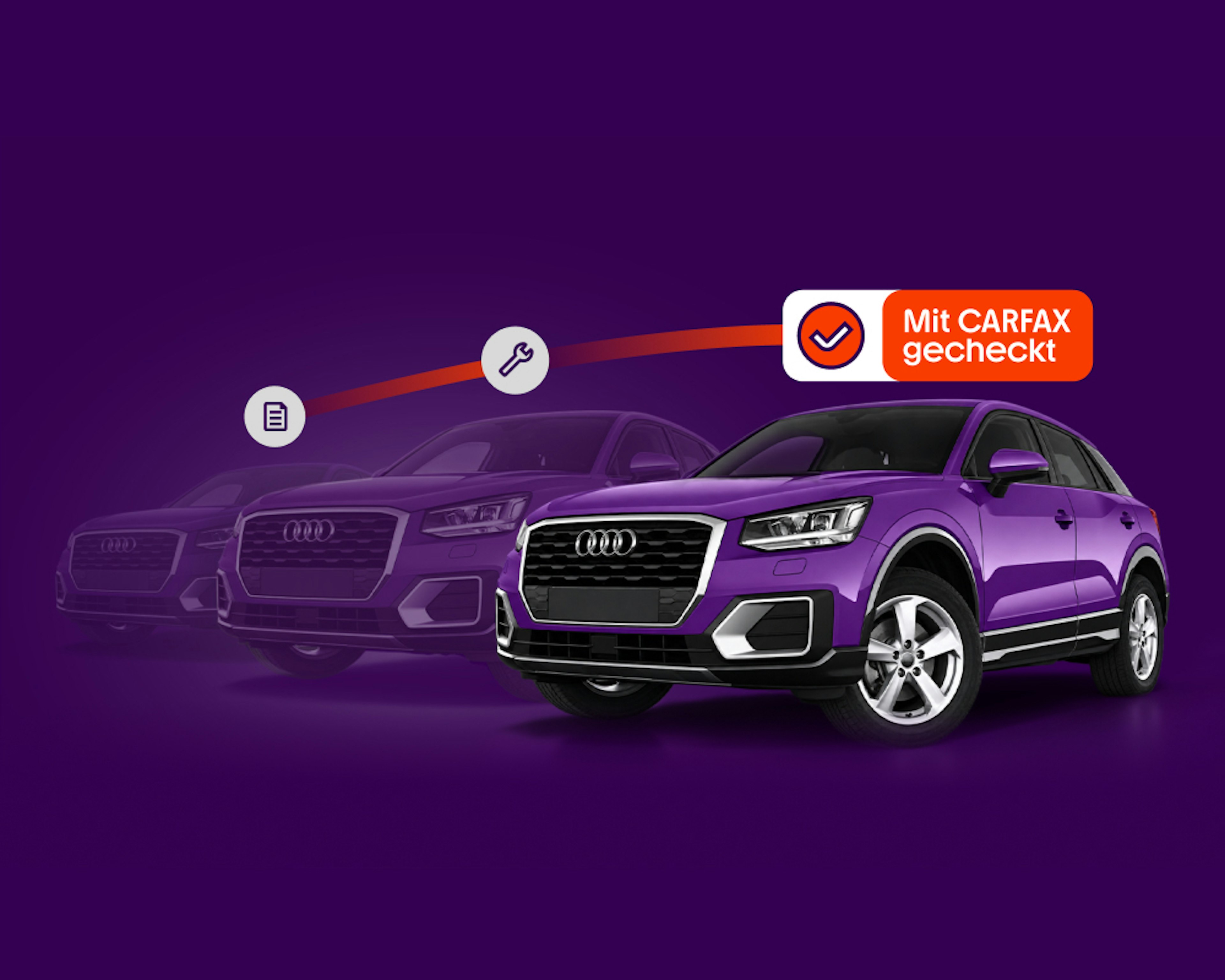 Key Visual von CARFAX x mobile.de: Lila Fahrzeug auf lila Hintergrund.