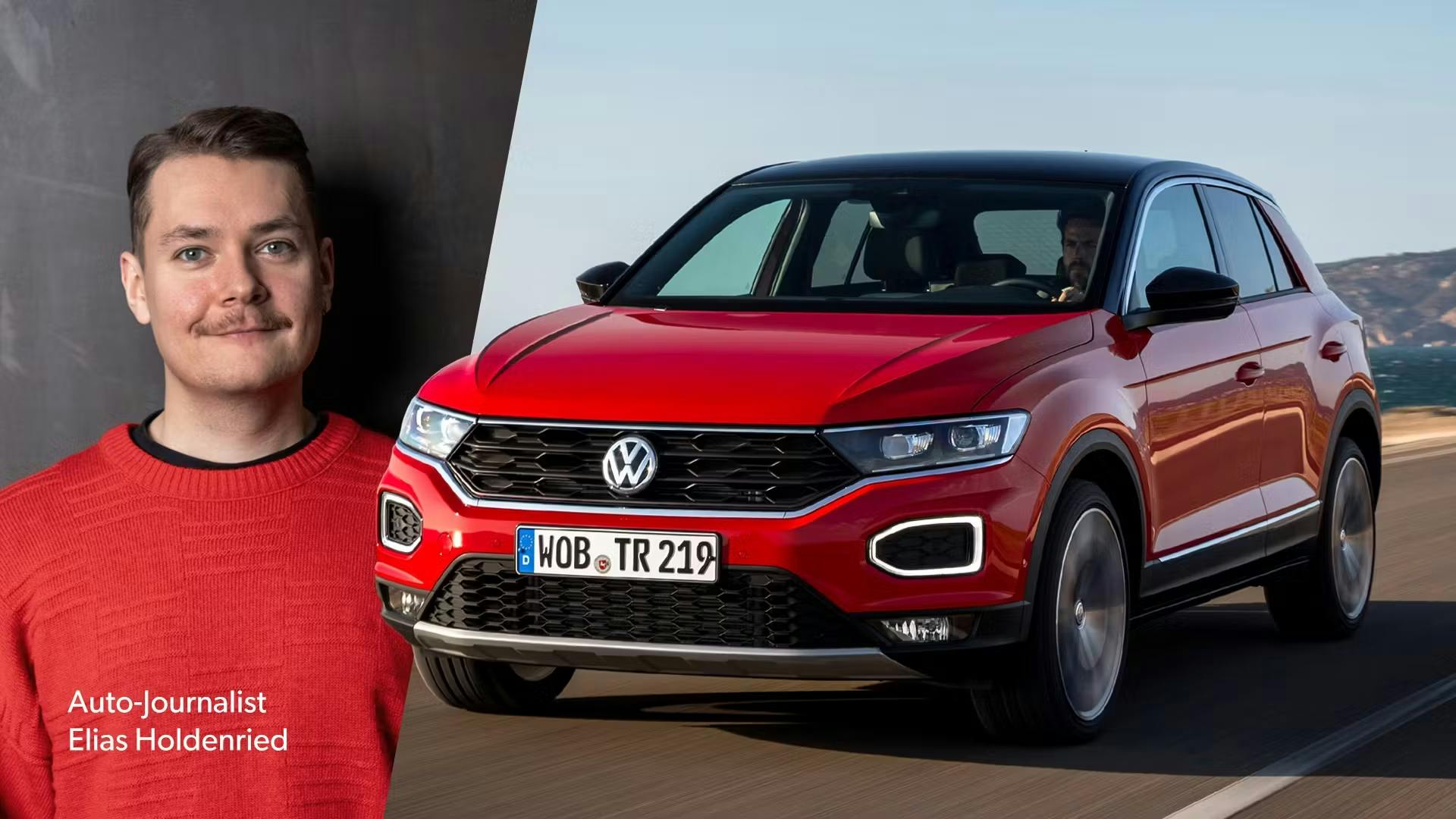 Roter VW T-Roc und Mann in rotem Pullover