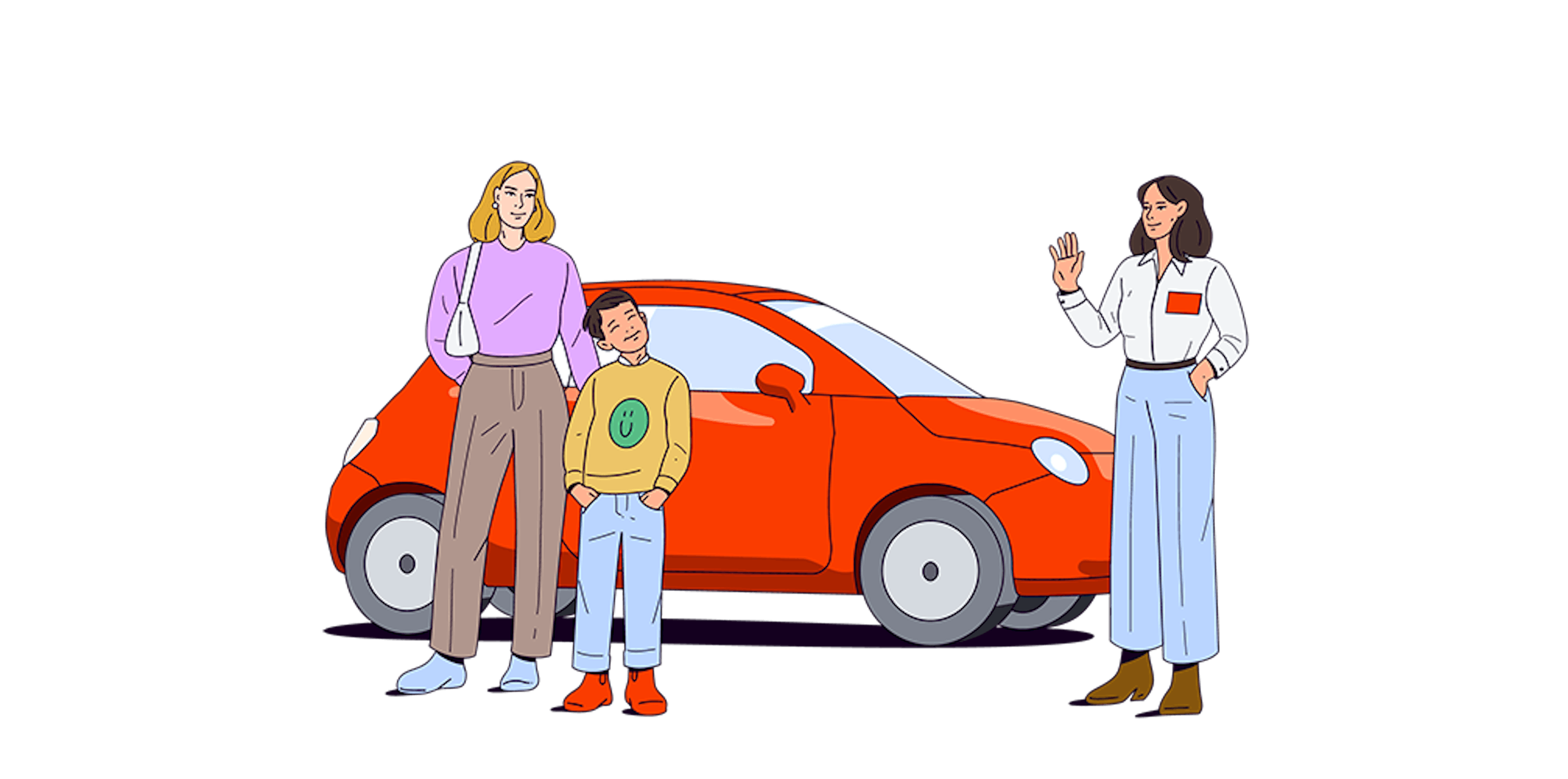 Illustration: 2 Frauen und ein Kind vor einem Auto