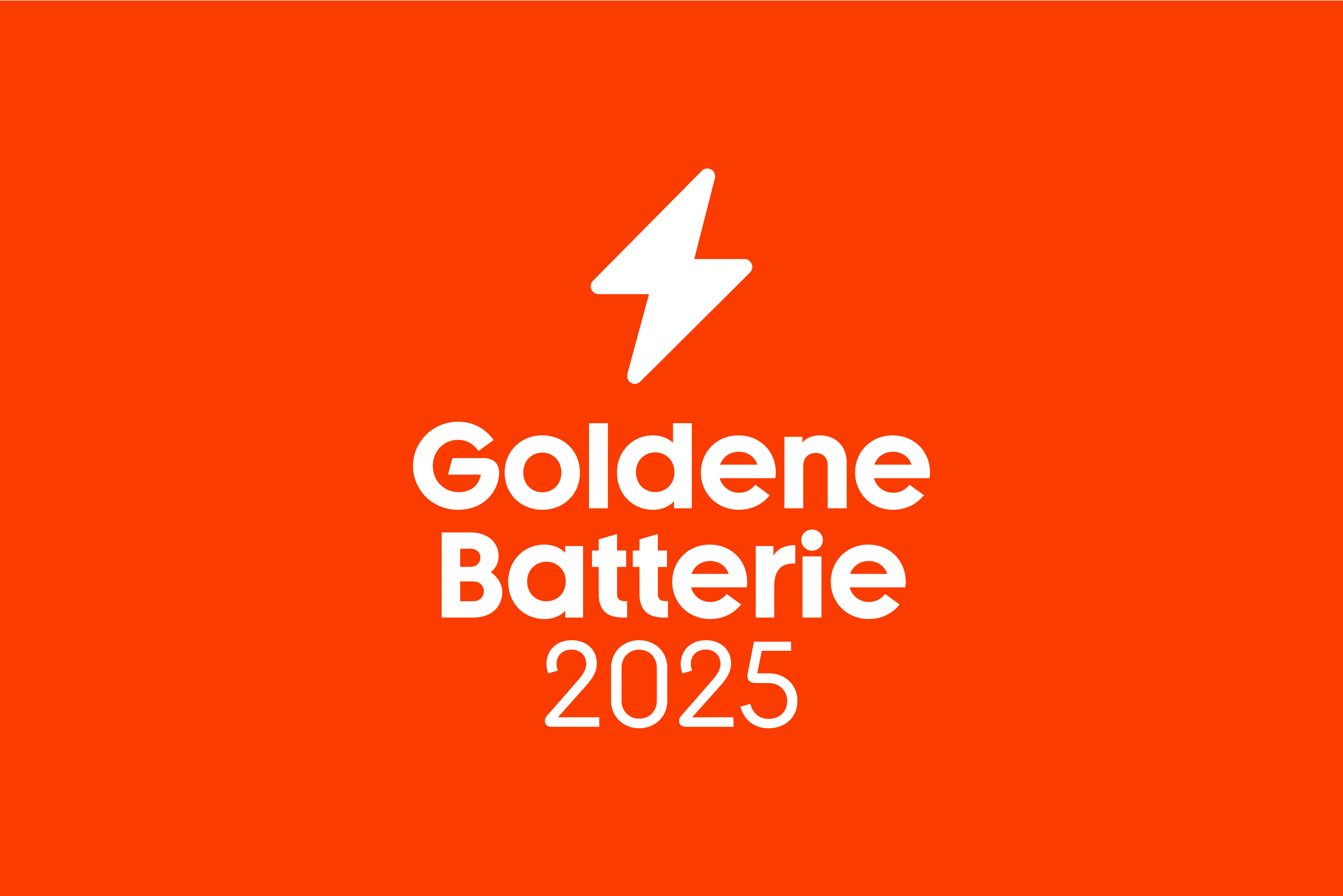 Schriftzug "Goldene Batterie 2025" auf orangem Hintergrund