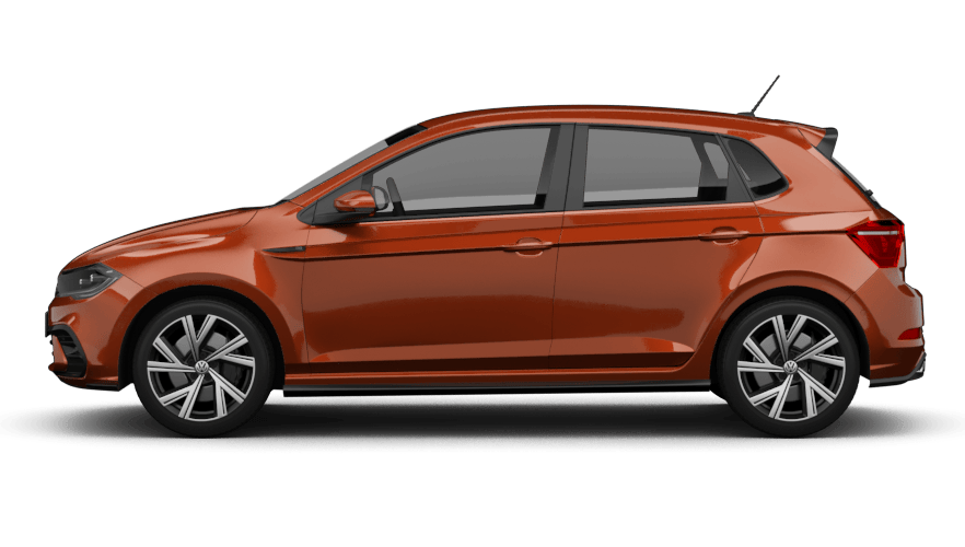 VW Polo R-Line in Orangerot, seitliche Ansicht
