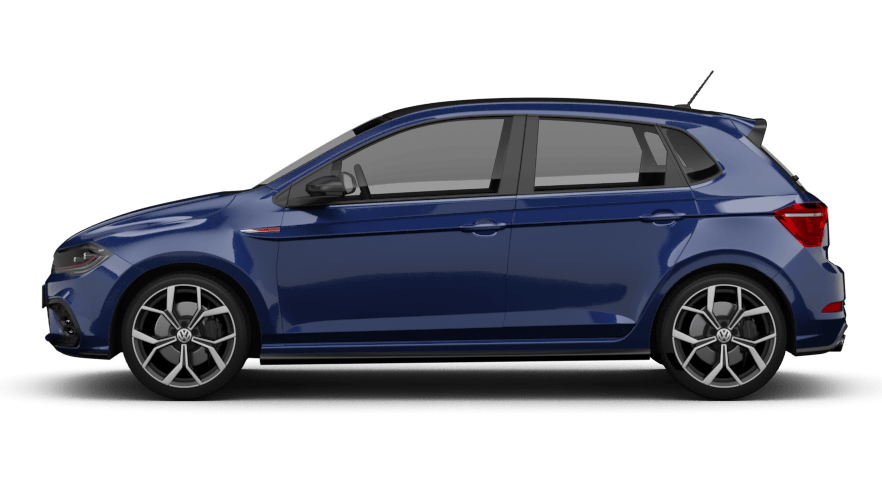 VW Polo in Dunkelblau, seitliche Ansicht