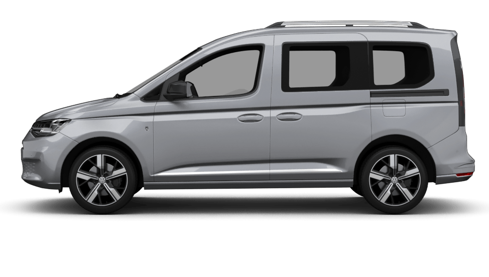 VW Caddy in Grau, seitliche Ansicht