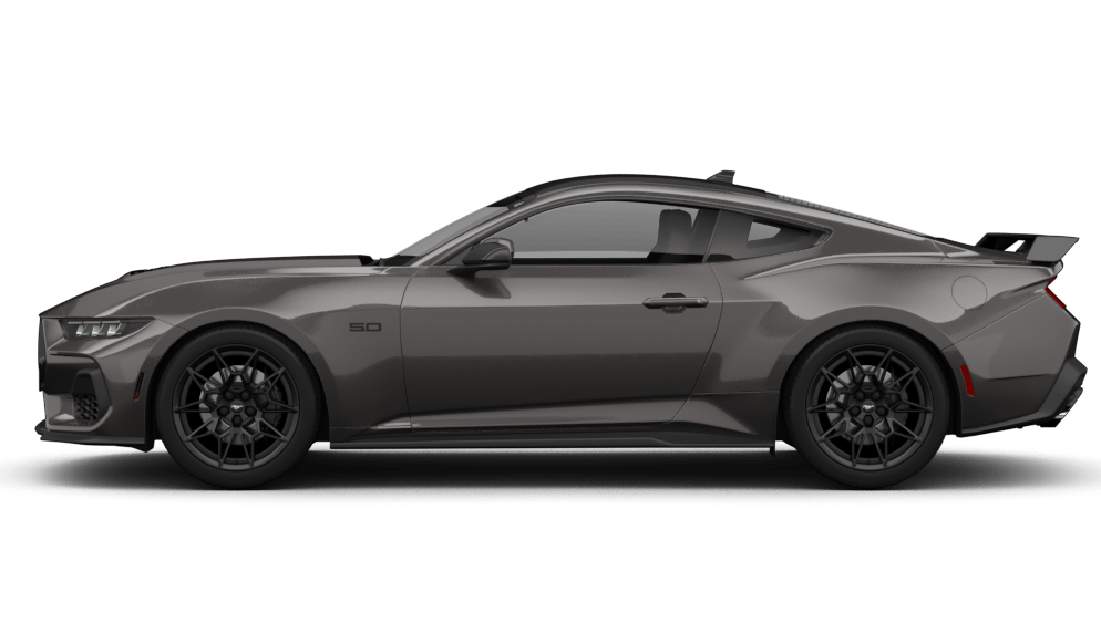 Ford Mustang V8 GT Dark Horse in Dunkelgrau, seitliche Ansicht