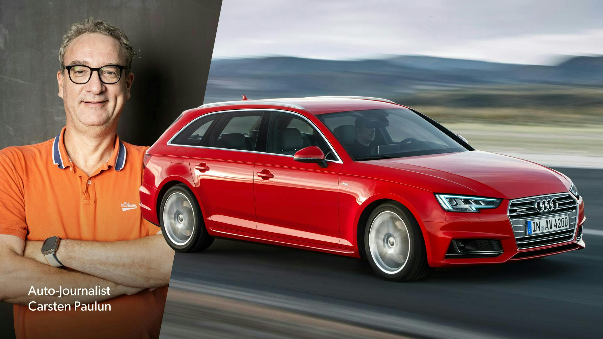 Audi A4 Avant in Rot, daneben Auto-Journalist Carsten Paulun