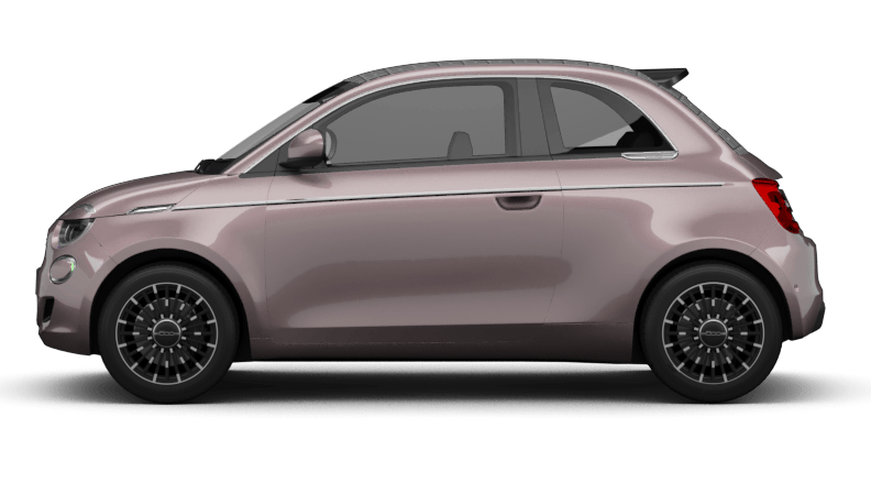 FIAT 500 E in Flieder, seitliche Ansicht