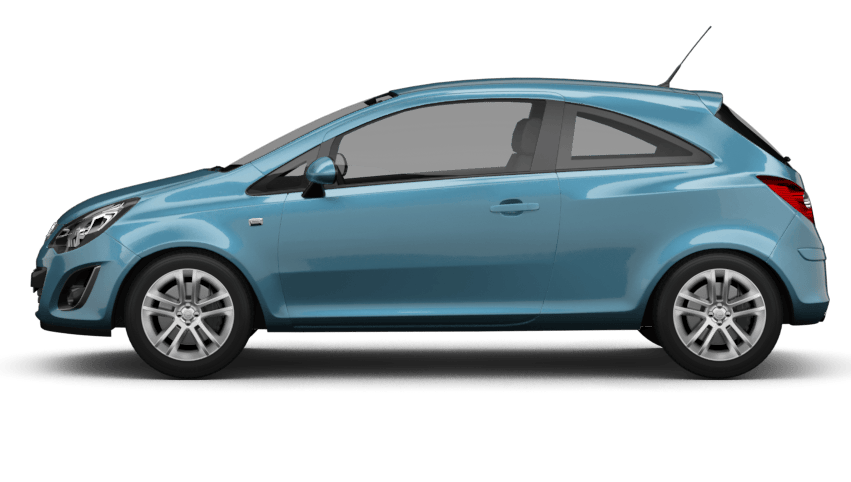 Opel Corsa D in Hellblau, seitliche Ansicht