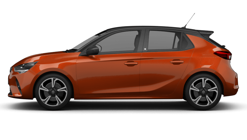 Opel Corsa Elektro in Orange-Rot, seitliche Ansicht