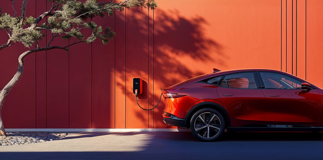 Oranges E-Auto lädt an einer Wallbox, welches an einer orangenen Wand hängt, daneben steht ein Baum