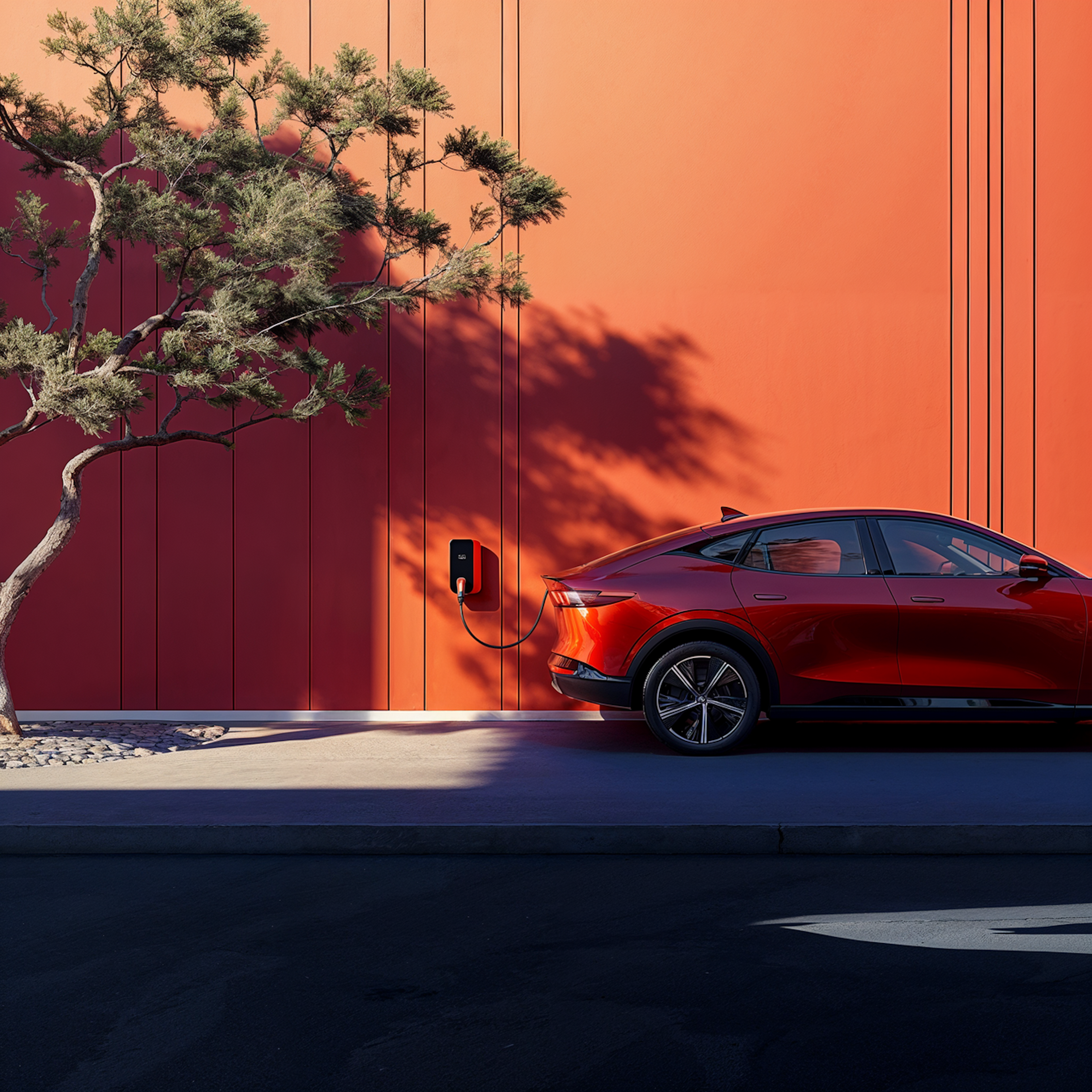 Oranges E-Auto lädt an einer Wallbox, welches an einer orangenen Wand hängt, daneben steht ein Baum