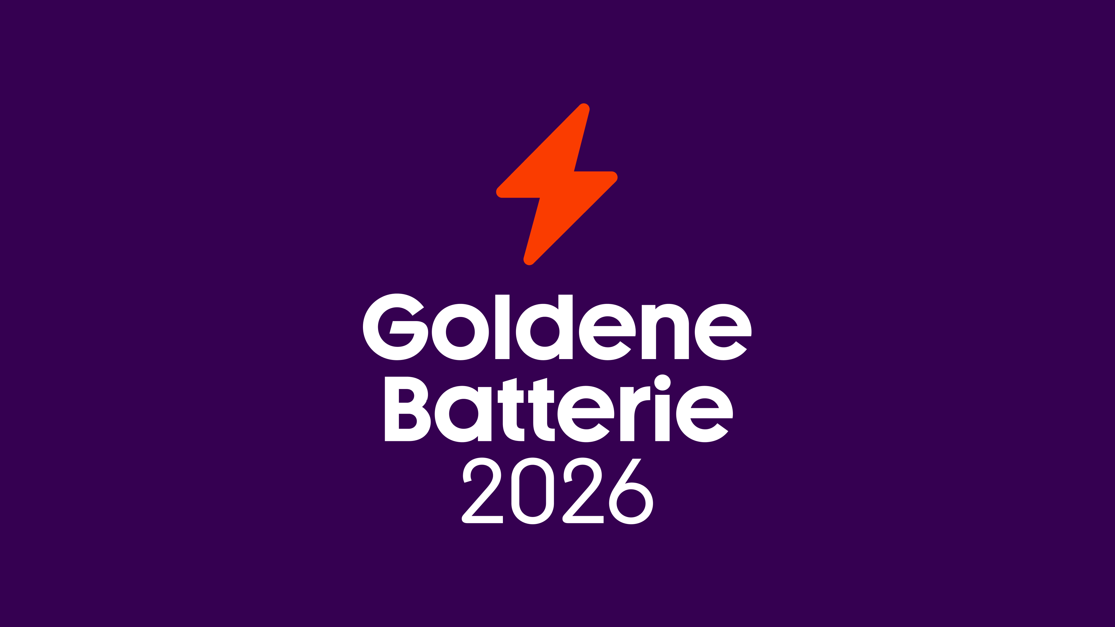 Schiftzug "Goldene Batterie 2026" auf violettem Hintergrund