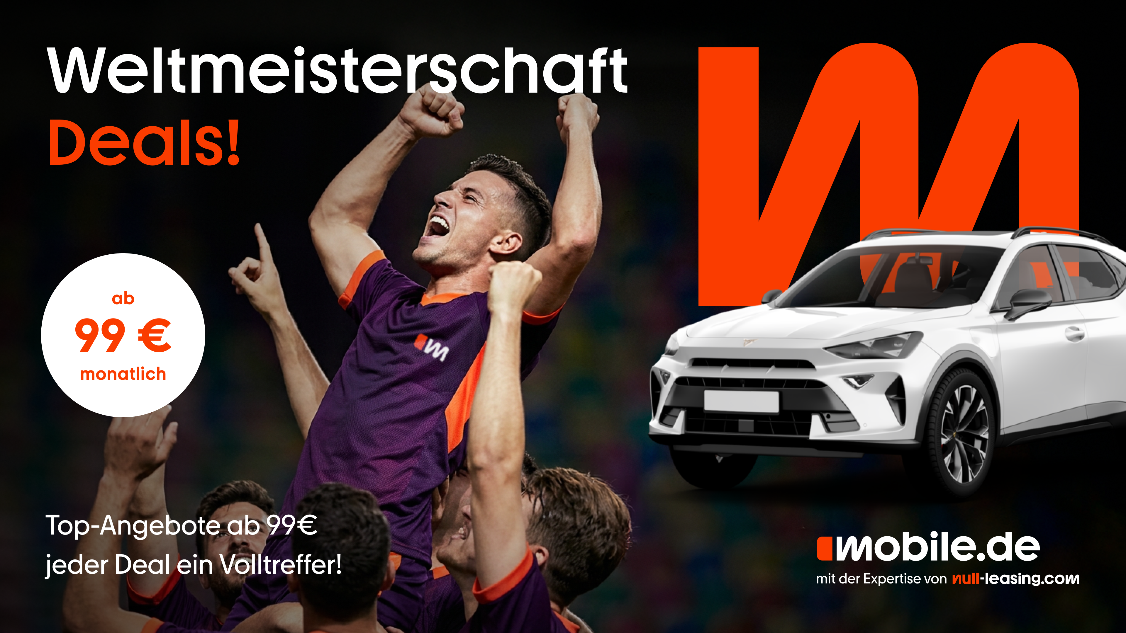 Banner für die Weltmeisterschafts-Deals Leasing Kampagne mit dem mobile.de Logo, Auto und Info "Ab 99 €"