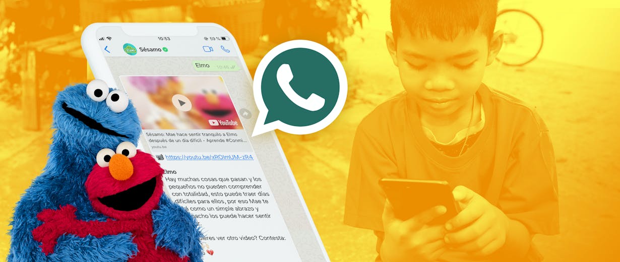 a kid with a phone in the background, a phone showing the Sesame whatsapp experience over it and Elmo and the Cookie Monster hugging
