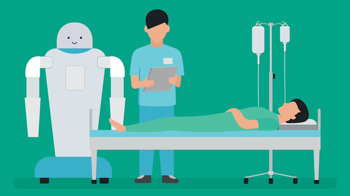 a cartoon of a patient lying on a bed, a doctor and a robot standing next to him